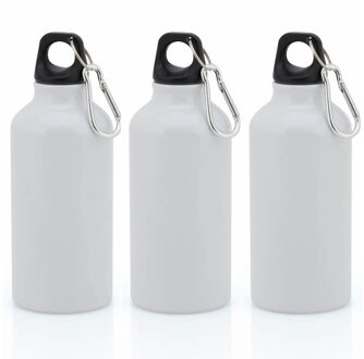 3x Stuks aluminium waterfles/drinkfles wit met schroefdop en karabijnhaak 400 ml