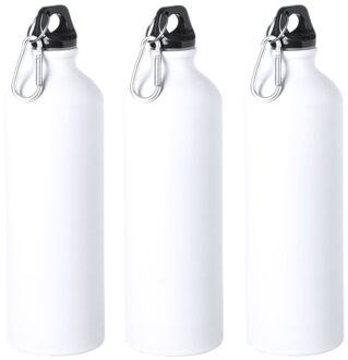 3x Stuks aluminium waterfles/drinkfles wit met schroefdop en karabijnhaak 800 ml