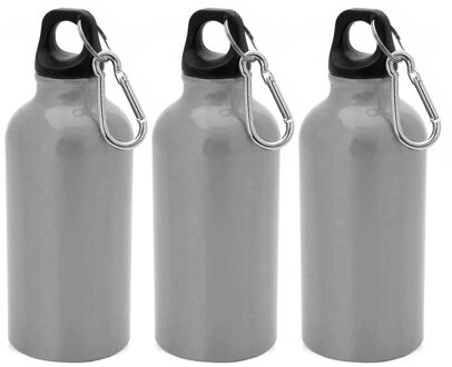 3x Stuks aluminium waterfles/drinkfles zilver met schroefdop en karabijnhaak 400 ml