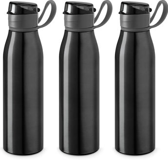 3x Stuks aluminium waterfles/drinkfles zwart met klepdop en handvat 650 ml