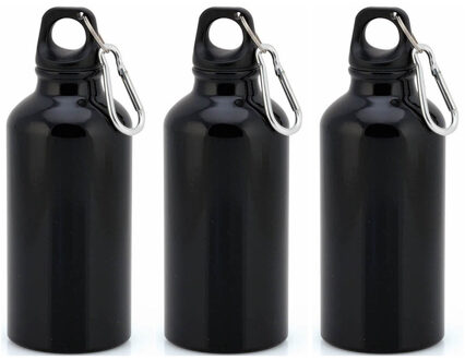 3x Stuks aluminium waterfles/drinkfles zwart met schroefdop en karabijnhaak 400 ml
