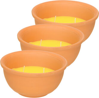 3x Stuks anti muggen citronella kaars in terracotta pot 13 cm - Waxinelichtjes Geel