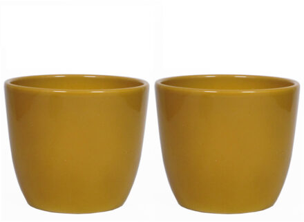 3x stuks bloempot in kleur glanzend oker geel keramiek voor kamerplant H15 x D17.5 cm- plantenpotten binnen