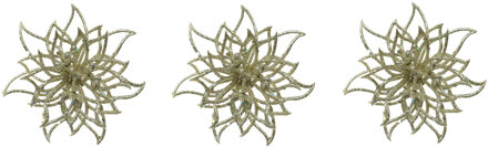 3x stuks decoratie bloemen kerstster champagne glitter op clip 14 cm