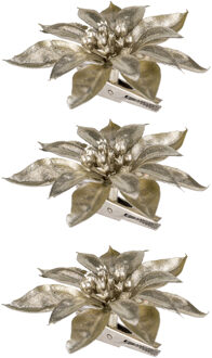 3x stuks decoratie bloemen kerstster champagne glitter op clip 9 cm - Kunstbloemen Champagnekleurig