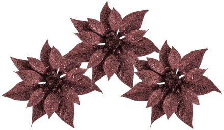 3x stuks decoratie bloemen kerstster donkerrood glitter op clip 18 cm - Kunstbloemen