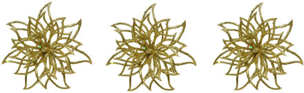 3x stuks decoratie bloemen kerstster goud glitter op clip 14 cm - Kunstbloemen Goudkleurig