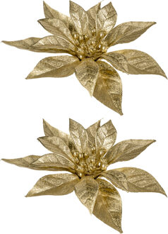 3x stuks decoratie bloemen kerstster goud glitter op clip 18 cm - Kunstbloemen Goudkleurig