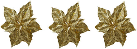 3x stuks decoratie bloemen kerstster goud glitter op clip 23 cm - Kunstbloemen Goudkleurig
