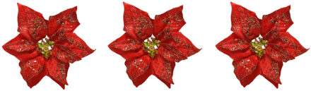 3x stuks decoratie bloemen kerstster rood glitter op clip 20 cm