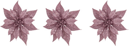 3x stuks decoratie bloemen kerstster roze glitter op clip 18 cm - Kunstbloemen