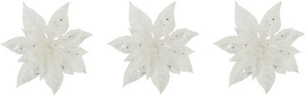 3x stuks decoratie bloemen kerstster wit glitter op clip 15 cm - Kunstbloemen