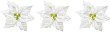 3x stuks decoratie bloemen kerstster wit glitter op clip 20 cm - Kunstbloemen