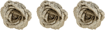 3x stuks decoratie bloemen roos champagne glitter op clip 18 cm - Kunstbloemen Champagnekleurig