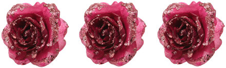 3x stuks decoratie bloemen roos framboos roze (magnolia) glitter op clip 14 cm - Kunstbloemen