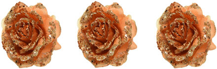 3x stuks decoratie bloemen roos terra bruin glitter op clip 14 cm