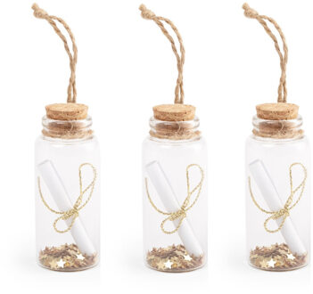 3x stuks decoratie hangers flesjes met perkament flessenpost 7,4 x 3 cm
