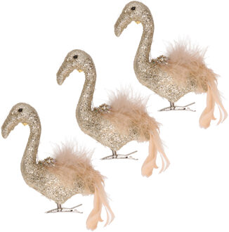 3x stuks decoratie vogels op clip flamingo goud 13 cm - Kersthangers Goudkleurig