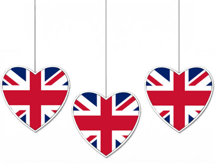 3x stuks engeland vlag hangdecoratie hartjes vorm karton 14 cm