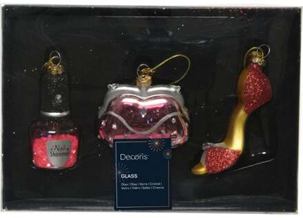 3x stuks glazen kersthangers nagellak, handtas en pump kerstornamenten - Kersthangers Multikleur