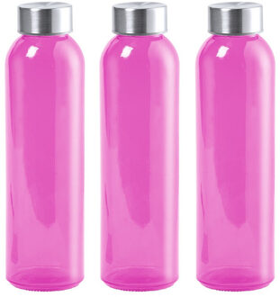 3x Stuks glazen waterfles/drinkfles fuchsia roze transparant met Rvs dop 550 ml