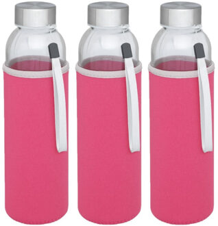 3x stuks glazen waterfles/drinkfles met roze softshell bescherm hoes 500 ml