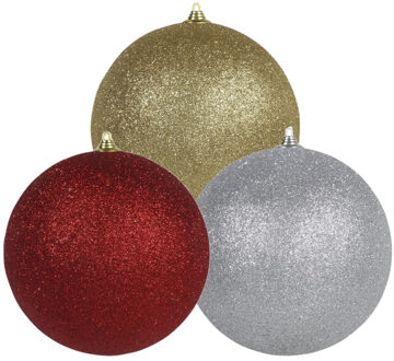 3x stuks grote glitter kerstballen van 18 cm set - Goud - Zilver - Rood - Kerstbal Zilverkleurig