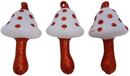 3x stuks houten kersthangers paddenstoelen 6 cm kerstornamenten - Kersthangers Rood