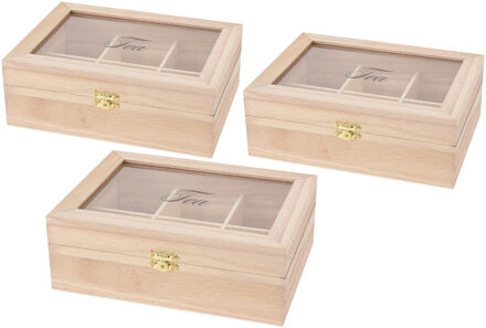 3x stuks houten theedoos 6-vaks 21 x 16 x 8 cm