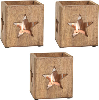 3x stuks houten windlichtje/theelichthouders met ster 12 cm - Waxinelichtjeshouders Bruin