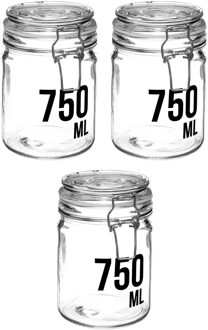 3x stuks inmaakpotten/voorraadpotten 0,75L glas met beugelsluiting - Voorraadpot Transparant