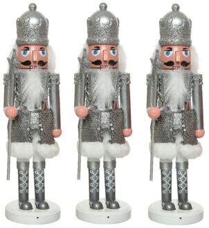 3x stuks kerstbeeldje kunststof notenkraker poppetjes/soldaten zilver 28 cm kerstbeeldjes
