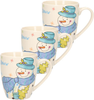 3x stuks kerstmok/wintermok sneeuwpop met blauwe muts en sjaal van poreselein 10 cm