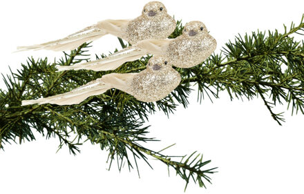 3x stuks kunststof decoratie vogels op clip goud glitter 21 cm