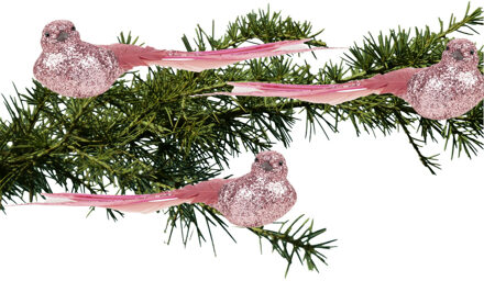 3x stuks kunststof decoratie vogels op clip roze glitter 21 cm