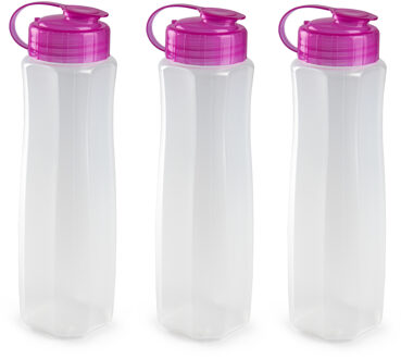 3x stuks kunststof waterflessen 1000 ml transparant met dop roze