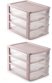 3x stuks ladeblok/bureau organizer met 3 lades roze/transparant - L35,5 x B27 x H26 - Opruimen/opbergen laatjes