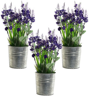 3x stuks lavendel kunstplanten/kamerplanten paars in grijze sierpot H28 cm x D18 cm