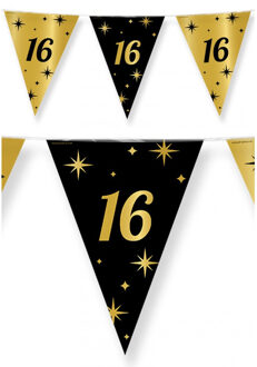 3x stuks leeftijd verjaardag feest vlaggetjes 16 jaar geworden zwart/goud 10 meter - Vlaggenlijnen Multikleur