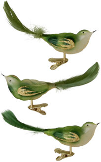 3x stuks luxe glazen decoratie vogels op clip groen 11 cm - Kersthangers