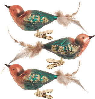 3x stuks luxe glazen decoratie vogels op clip groen/bruin 11 cm