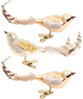 3x stuks luxe glazen decoratie vogels op clip natural velvet 11 cm Beige