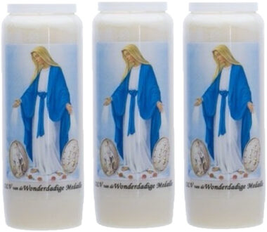 3x stuks maria stompkaars in houder - 9-dagen branden - 18 cm - religieus thema