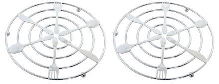 3x stuks metalen pannenonderzetters rond zilver met bestek patroon 20 cm