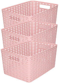 3x stuks rotan gevlochten opbergmand/opbergbox kunststof - Oud roze - 22 x 33 x 16 cm