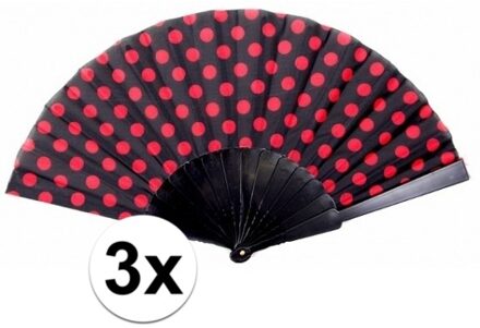 3x stuks Spaanse waaiers zwart met rode stippen