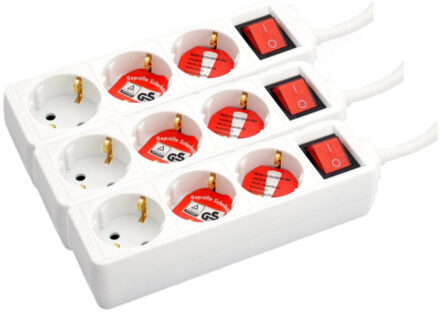 3x stuks stekkerdoos 3-voudig met randaarde en schakelaar wit 1,4 meter