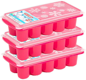 3x stuks Trays met dikke ronde blokken ijsblokjes/ijsklontjes vormpjes 10 vakjes kunststof roze