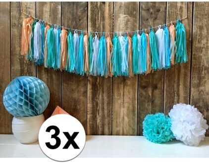 3x stuks vintage tassel slingers mint groen 5 meter - Feestslingers