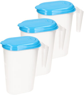 3x stuks waterkan/sapkan transparant/blauw met deksel 1.6 liter kunststof